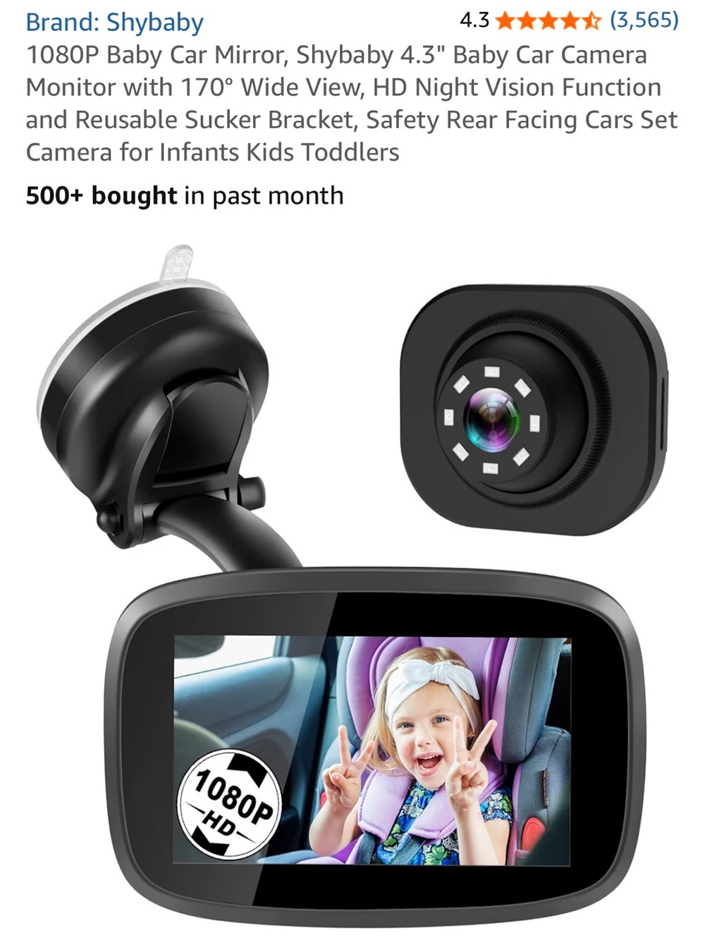 Black Car Rear-Facing Baby Monitor with 1080P Camera - Black